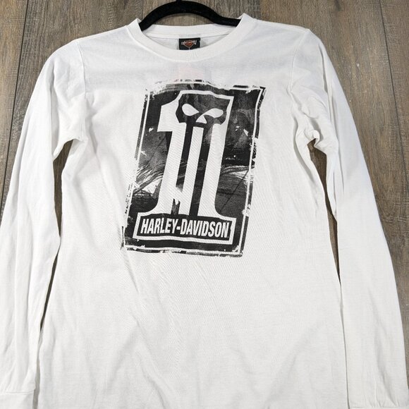 Harley Davidson T Shirt Top Womens Small White Long Sleeve Spellout Graphic NWT - Picture 1 of 11